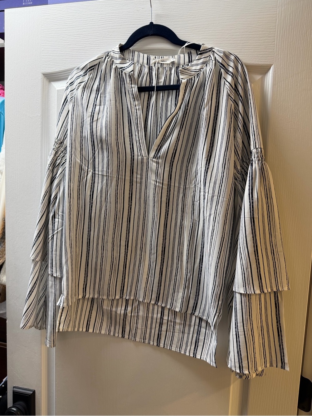 Striped Split-Neck Bell Sleeve Blouse - White/Black